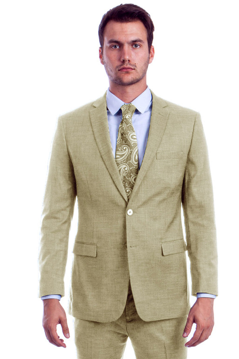 Men’s Two Button Modern Fit Summer Sharkskin Suit in Beige