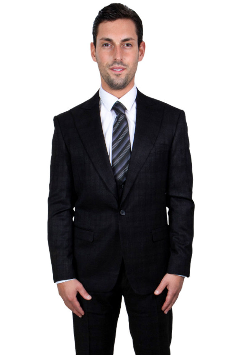 Men’s Stacy Adams One Button Vested Peak Lapel Glen Plaid Suit in Black