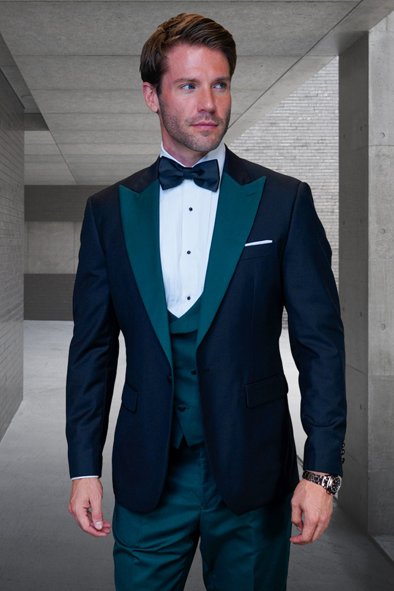 Men’s Designer Vested Contrast Peak Lapel Wool Wedding & Prom Tuxedo in Black & Hunter Green