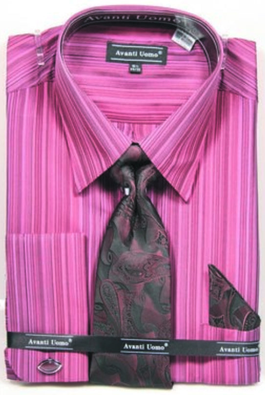 Men’s Tonal Stripe French Cuff Dress Shirt, Tie & Hanky Set in Burguny Wine