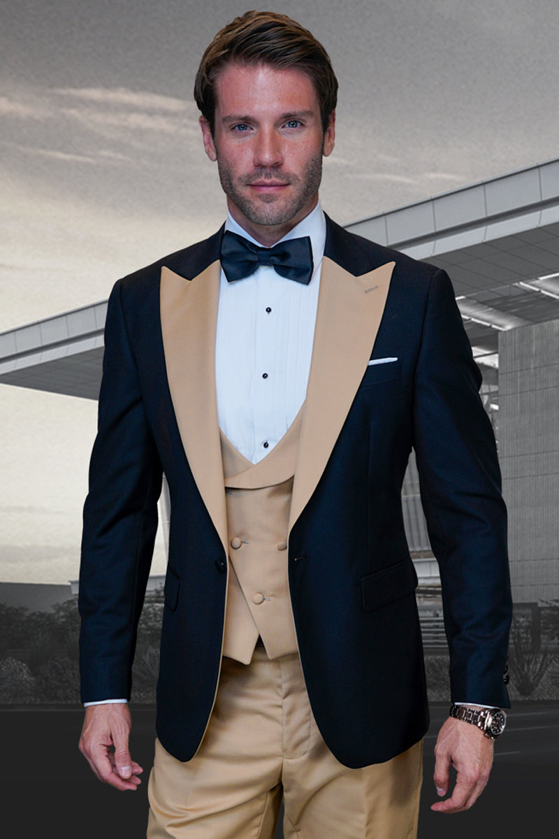 Men’s Designer Vested Contrast Peak Lapel Wool Wedding & Prom Tuxedo in Black & Champagne Tan