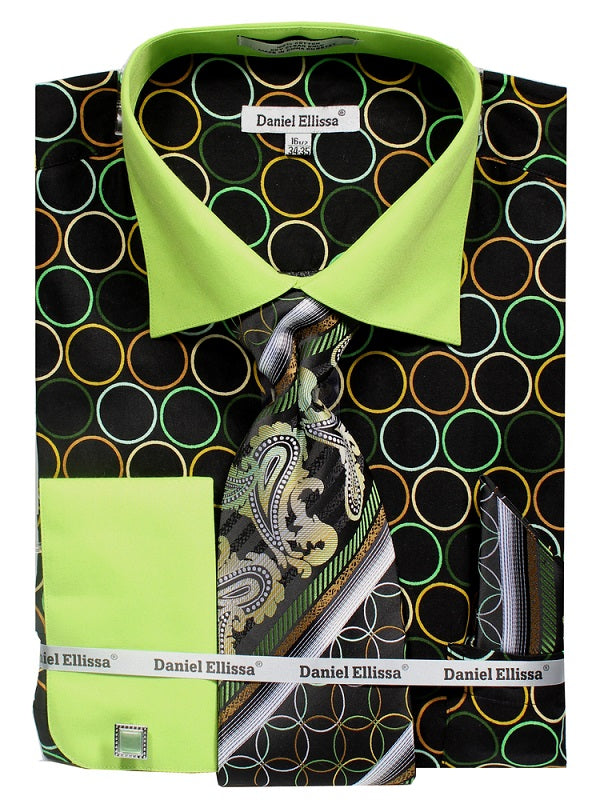 Men’s French Cuff Contrast Collar Circle Print Dress Shirt & Tie Set in Black & Green
