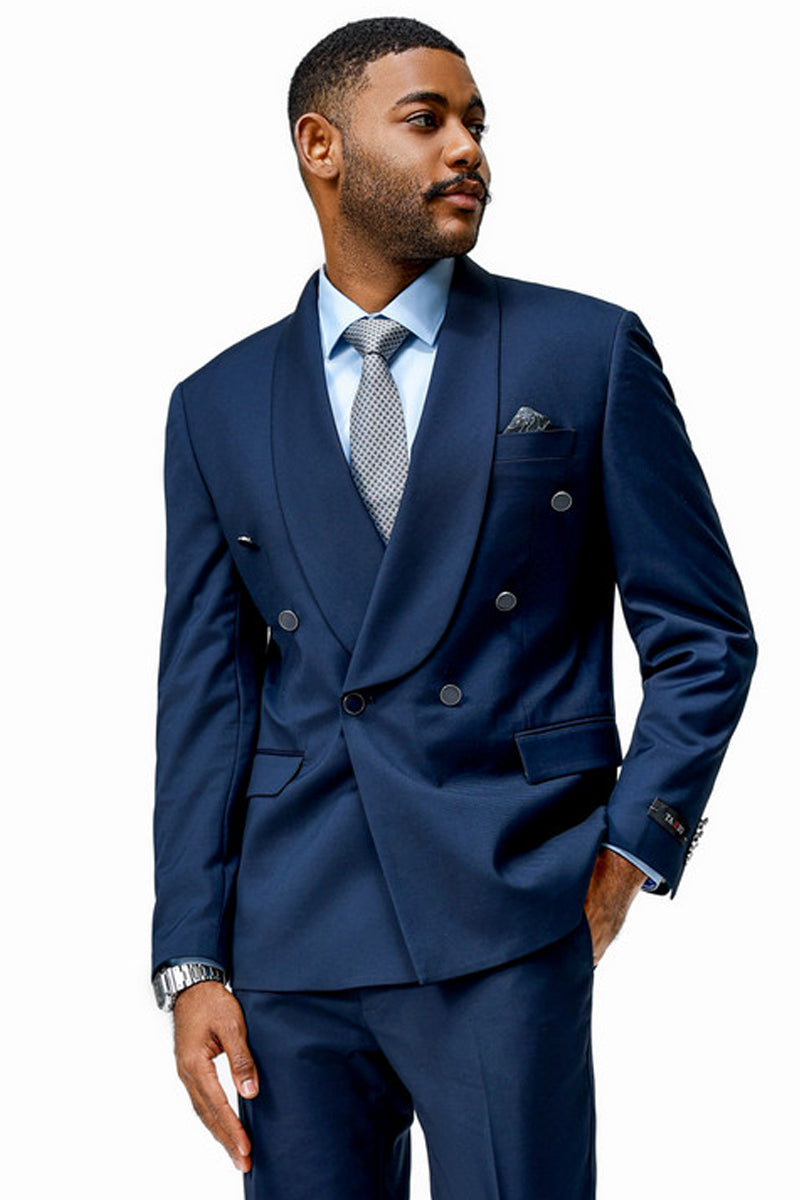 Men’s Modern Fit Double Breasted Shawl Lapel Suit in Navy