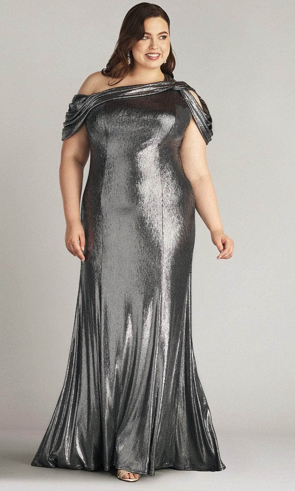 Metallic Jersey Drape Shoulder Evening Gown