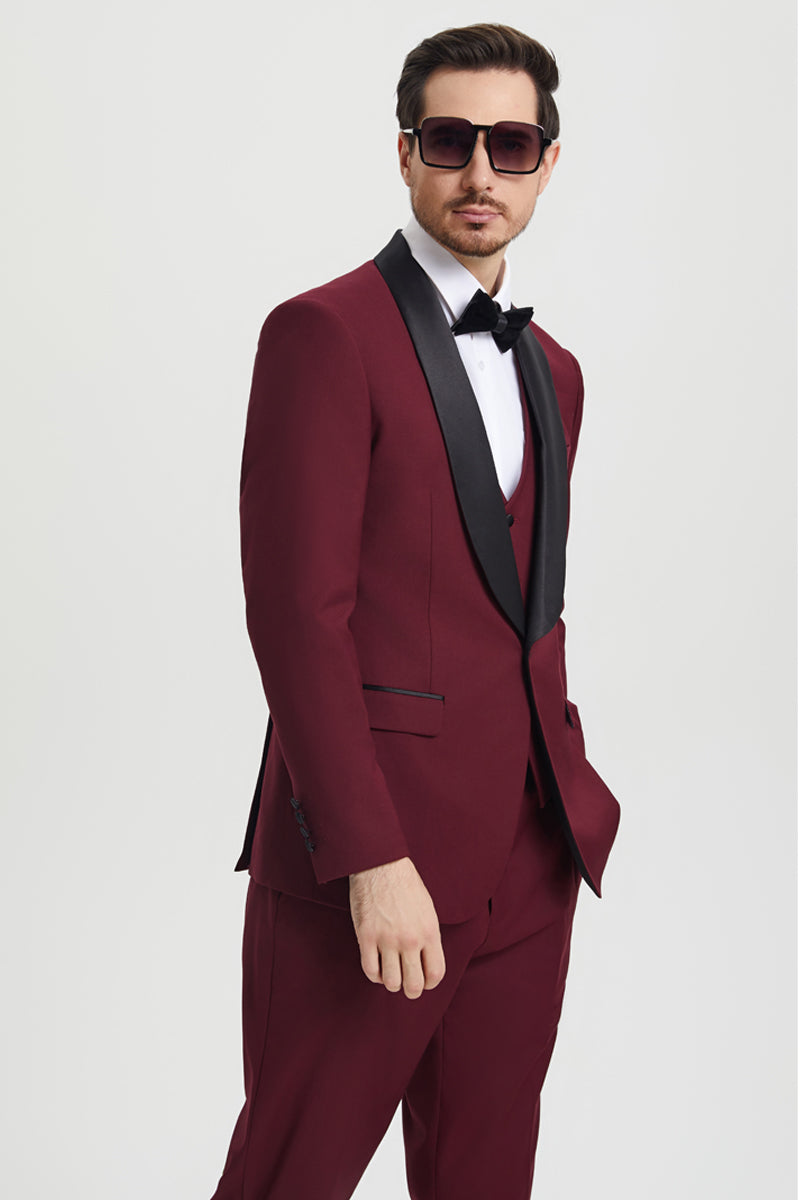Men’s Stacy Adams Vested One Button Shawl Lapel Designer Tuxedo in Burgundy