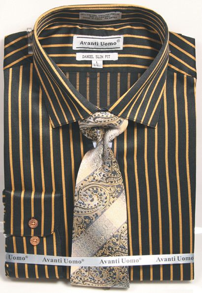 Men’s Slim Fit Spread Collar Dress Shirt & Tie Set in Bold Black & Gold Gangster Pinstripe