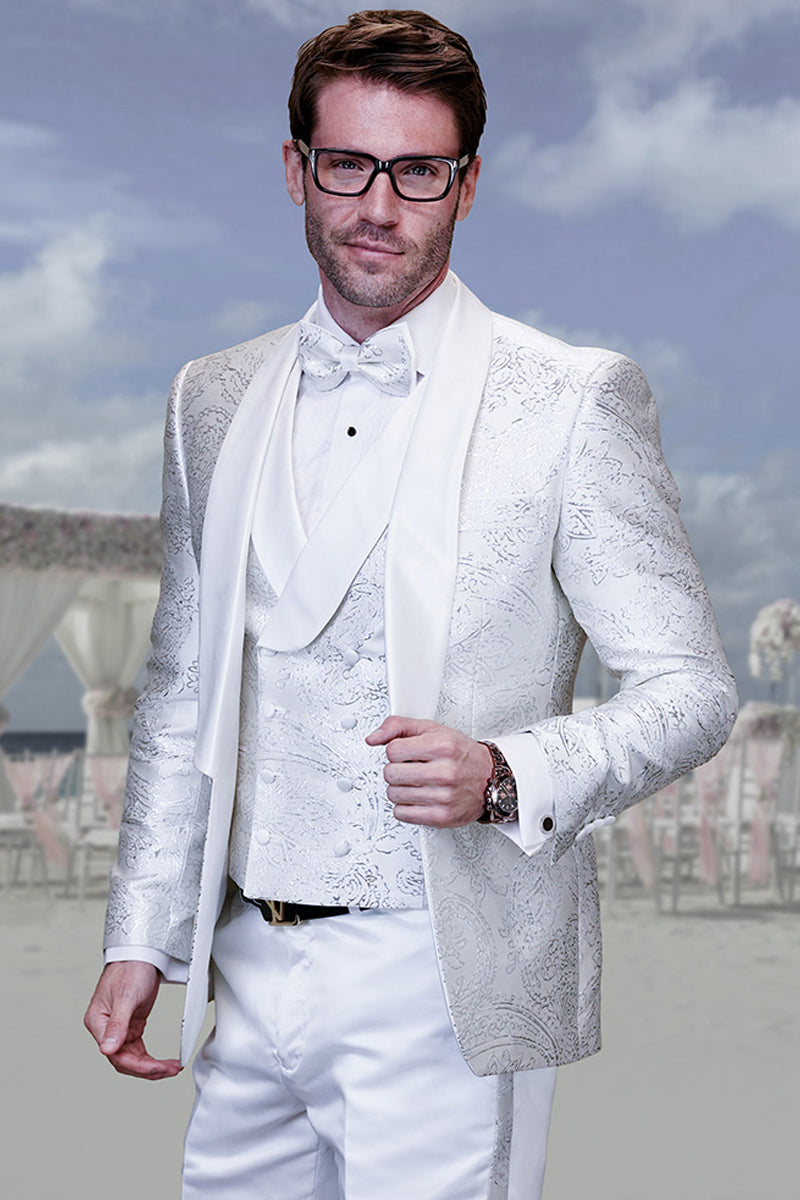 Men’s Vested Shiny Paisley Prom & Wedding Tuxedo in White