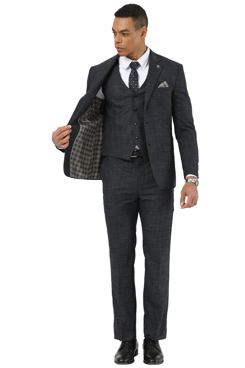 Men’s Designer Stacy Adams Vested Suit in Black Sharkskin Weave