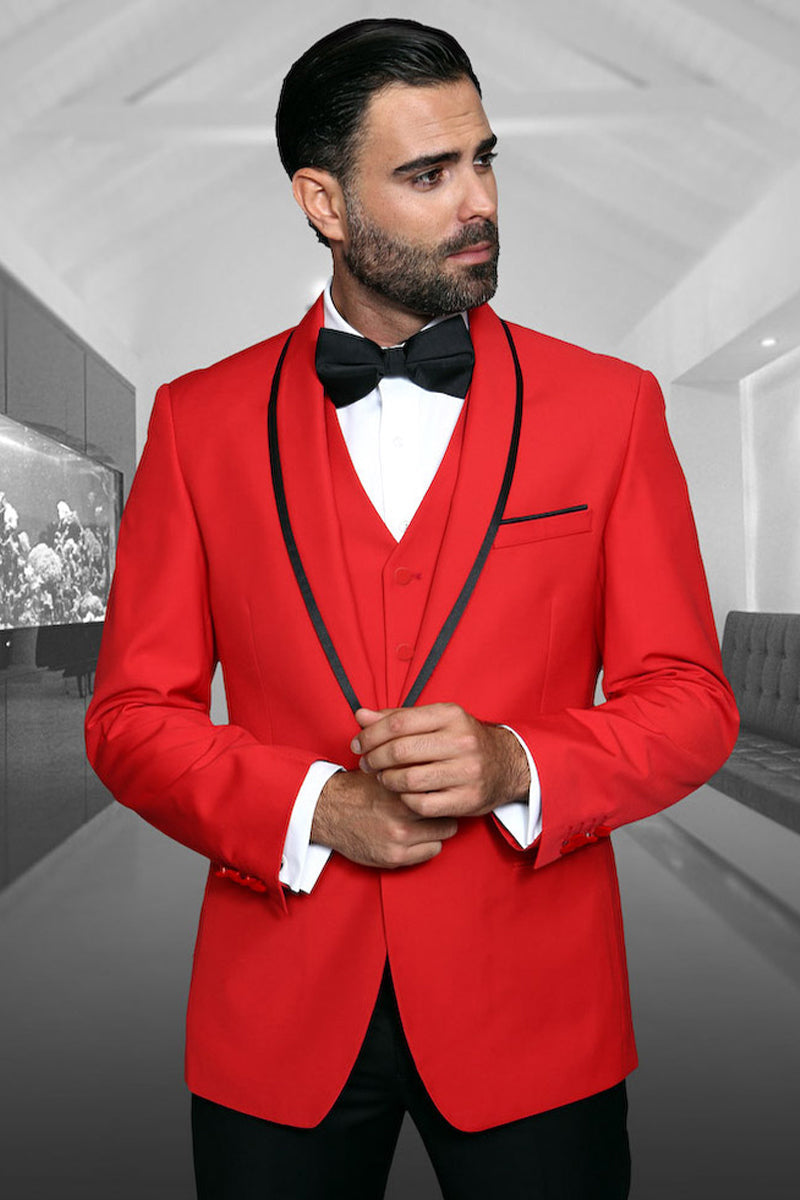 Men’s Designer Vested Satin Trim Shawl Wedding & Prom Tuxedo in Red