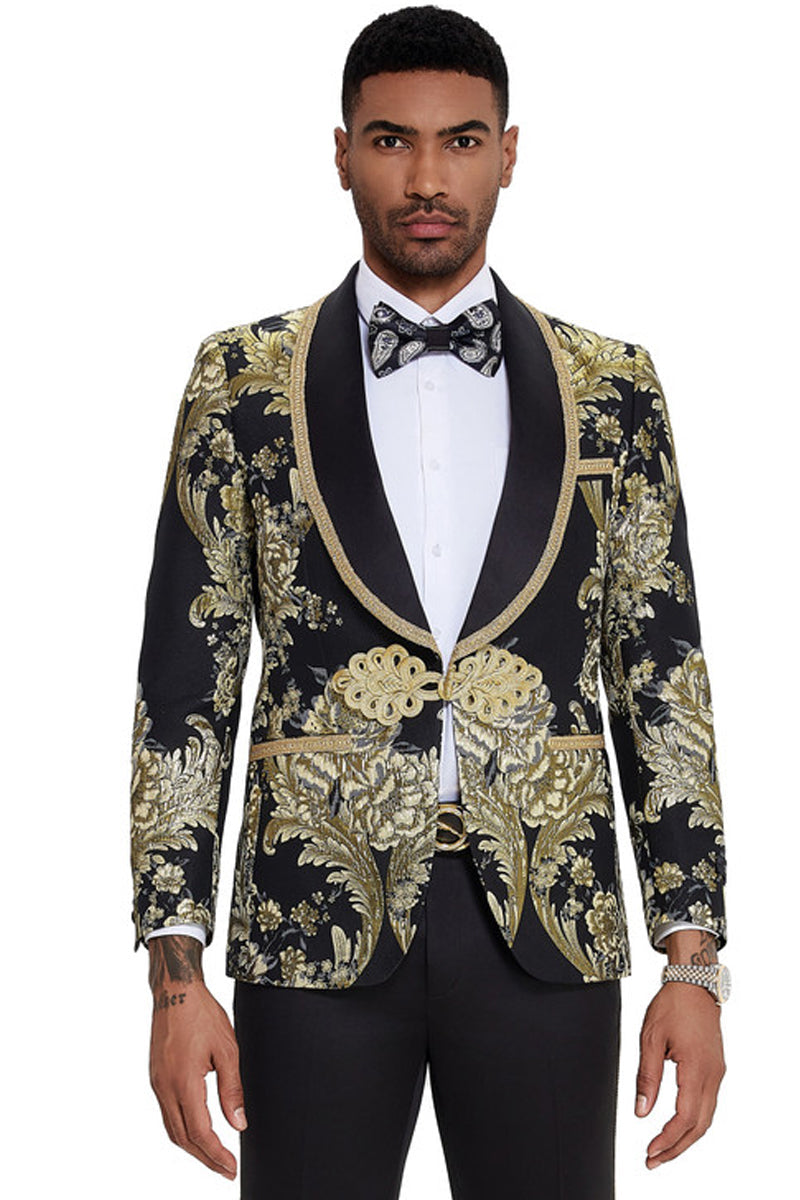 Men’s One Button Shawl Lapel Wedding & Prom Tuxedo in Shiny Black Paisley