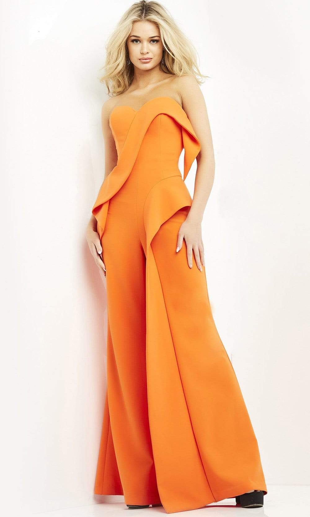 04427 Strapless Sweetheart Ruffle Wide Leg Jumpsuit