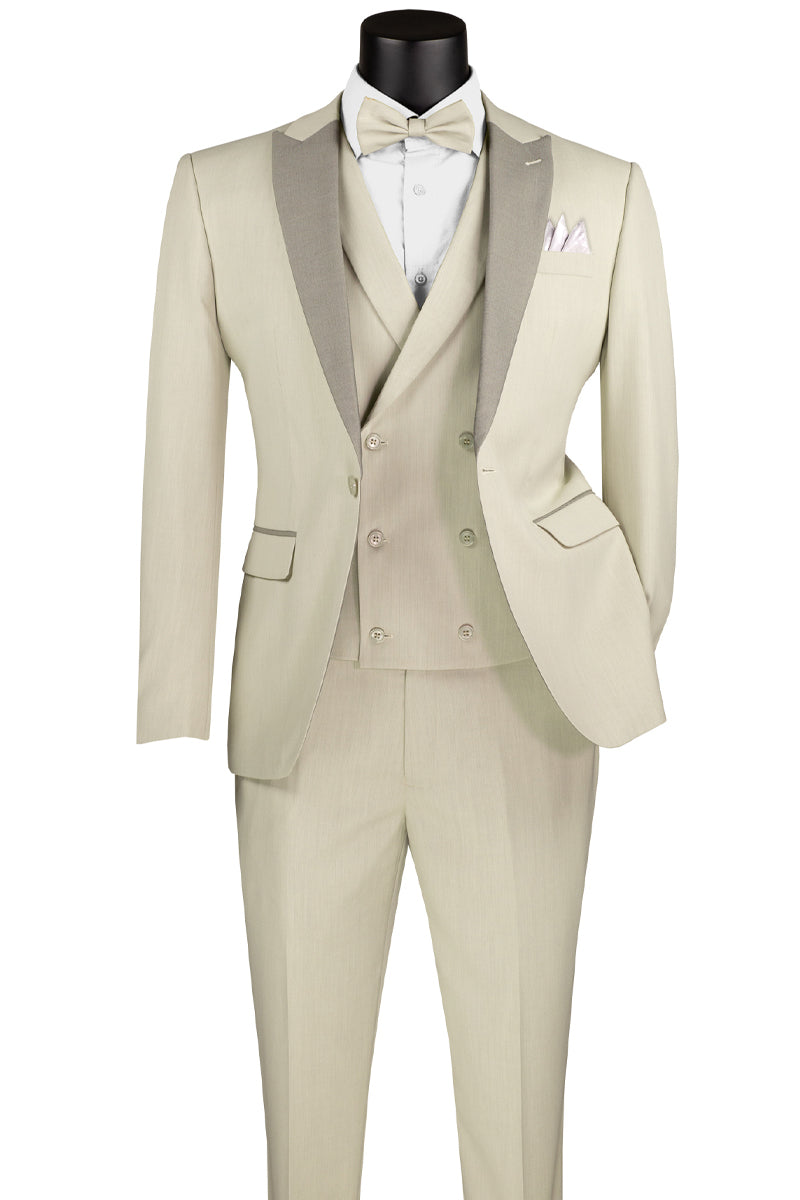 Men’s Summer Slim Fit Peak Lapel Tuxedo Suit in Ecru Tan