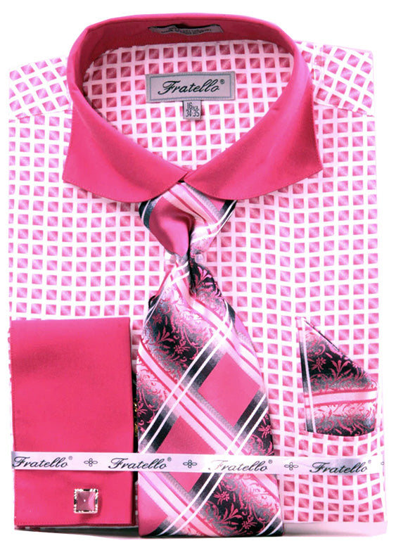Men’s Rounded Wide Spread Contast Collar French Cuff Shirt & Tie Set in Fucshia Check