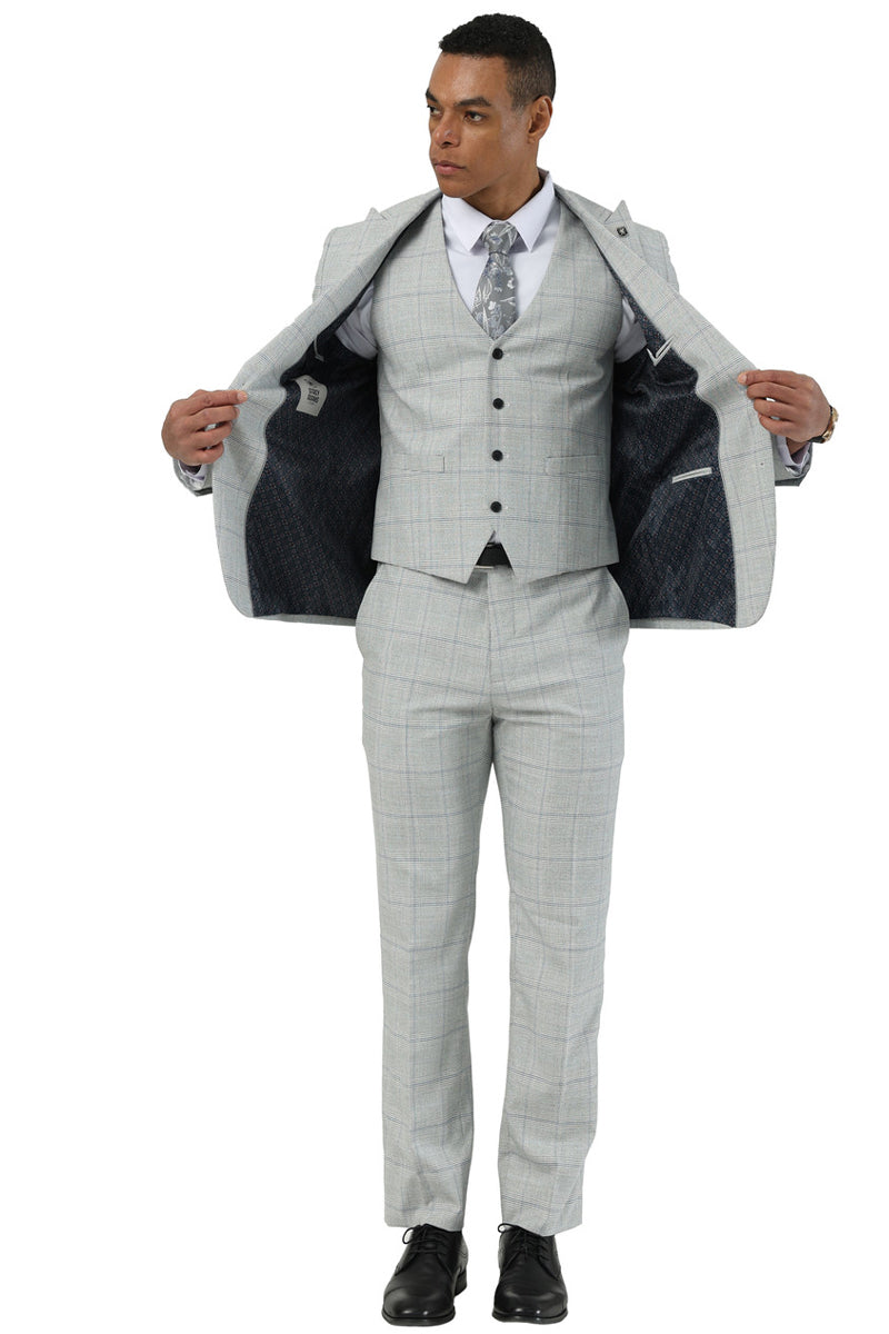 Men’s Stacy Adams Two Button Vested Peak Lapel Suit in Light Grey Windowpane Plaid