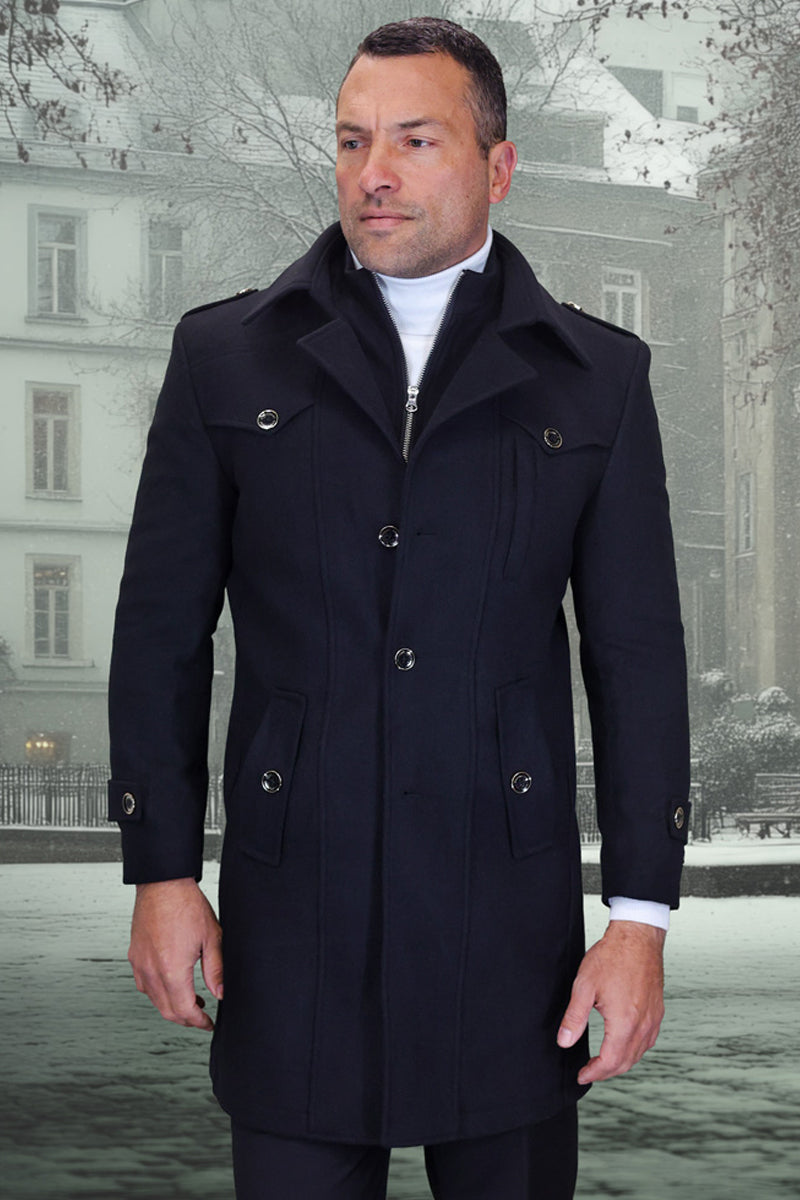 Men’s Designer Wool & Cashmere Car Coat with Zip Out Liner in Black