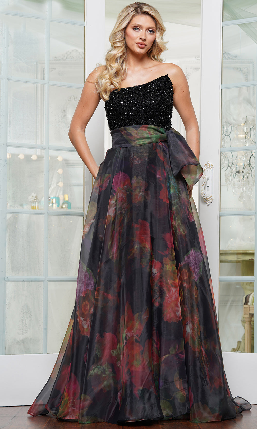 Beaded Asymmetrical Neckline Prom Gown