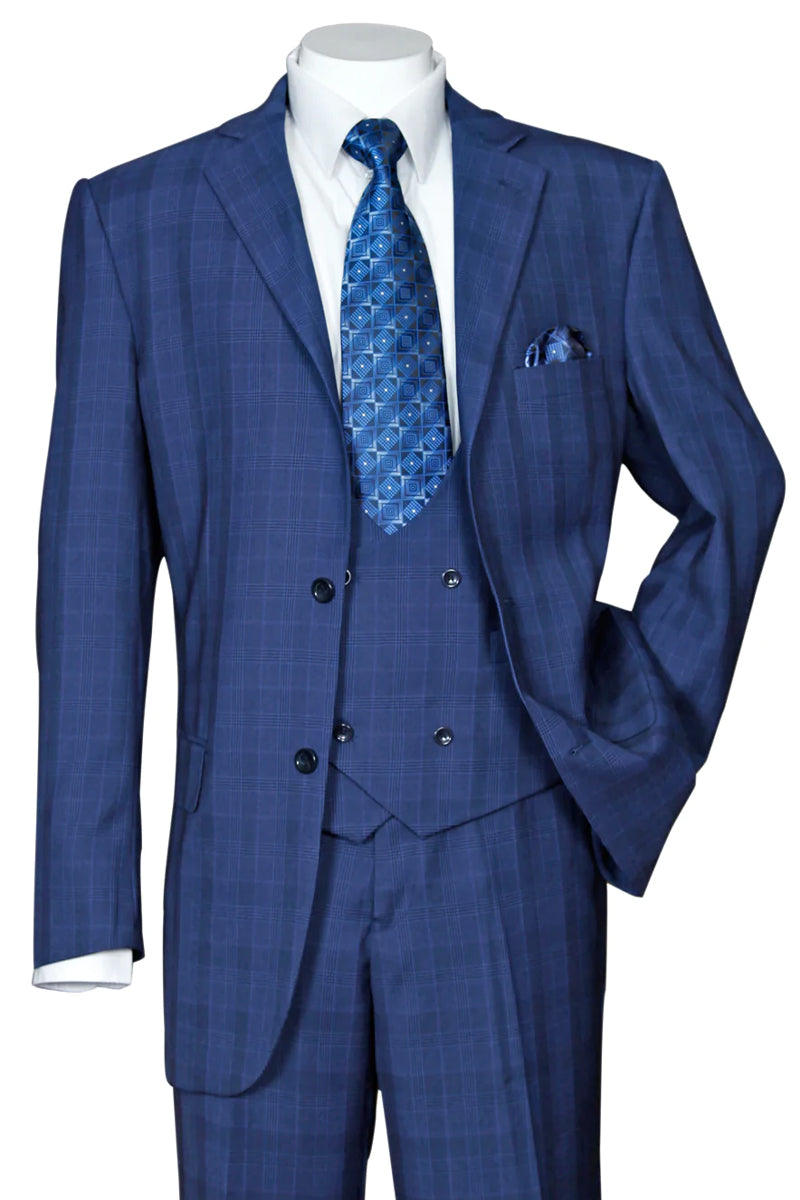 Mens Modern Fit Plaid Windowpane Suit with Double Breasted Scoop Vest in Navy Blue