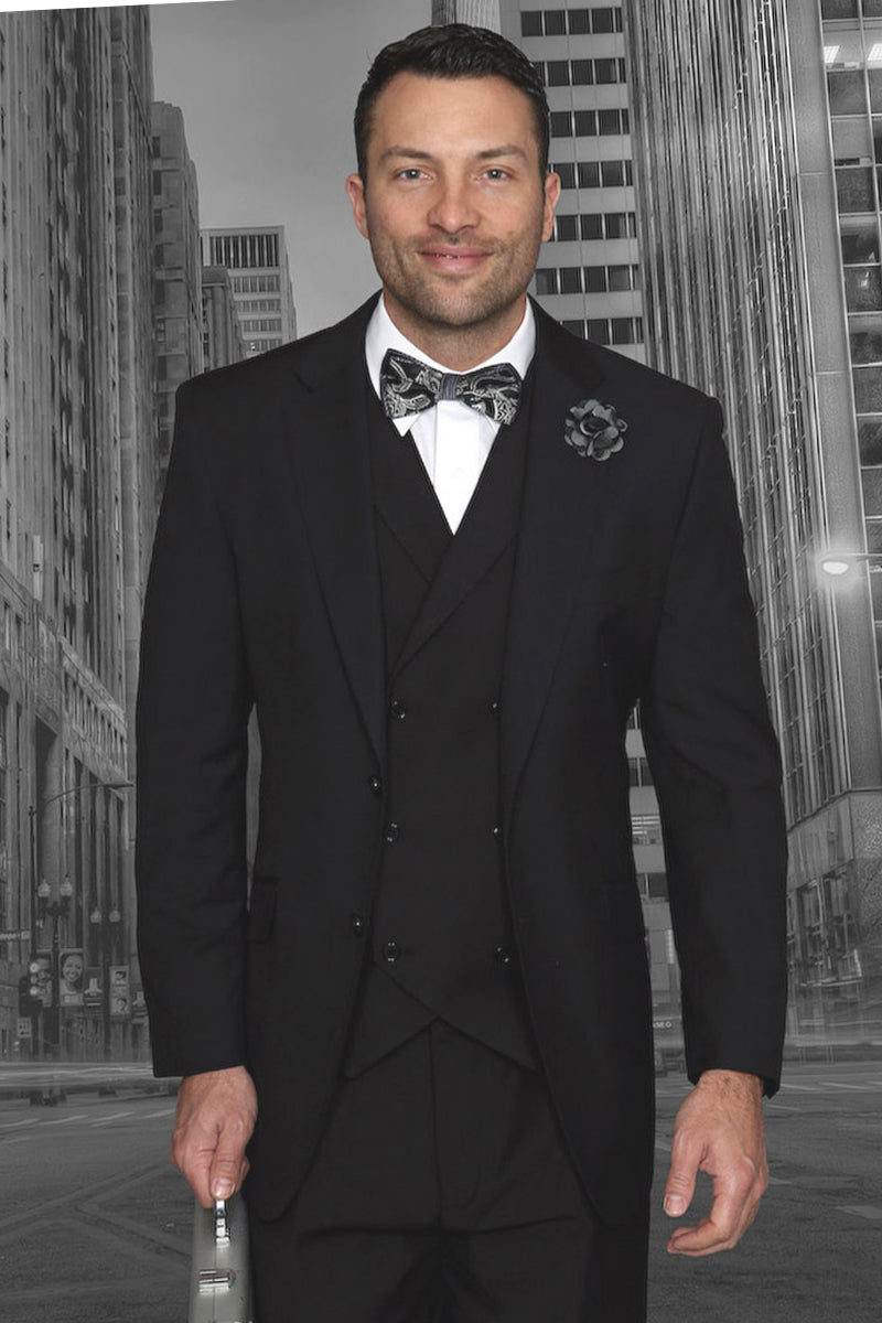 Men’s Designer Classic Fit Pleated Pant Wool Suit with Double Breasted Vest in Black