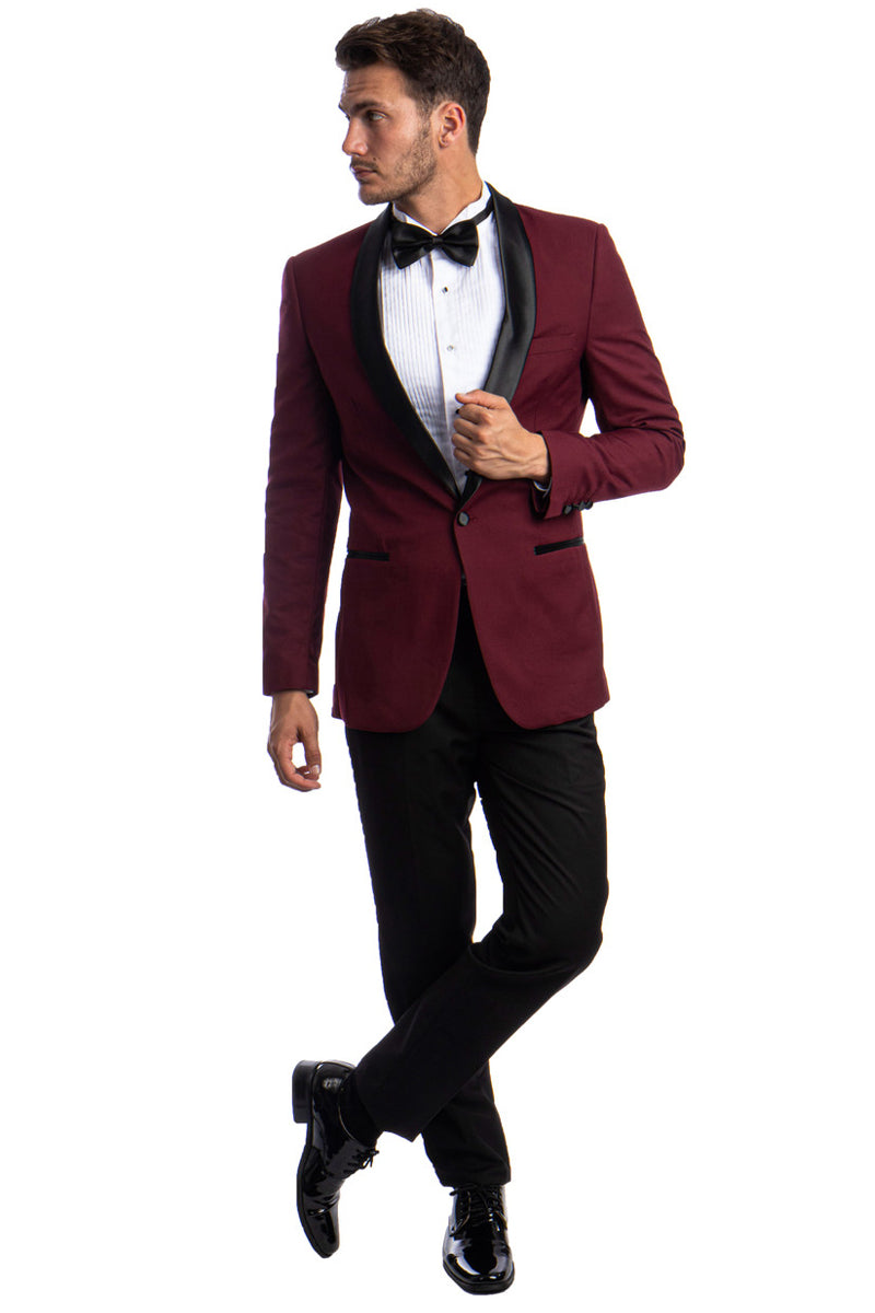 Men’s Skinny Fit One Button Shawl Prom Tuxedo in Burgundy