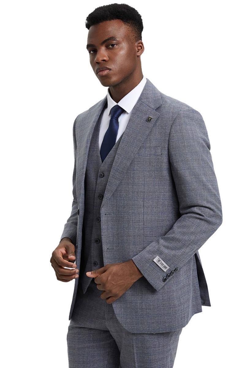 Men’s Stacy Adams Modern Fit Vested Suit in Light Grey Micro Check Plaid