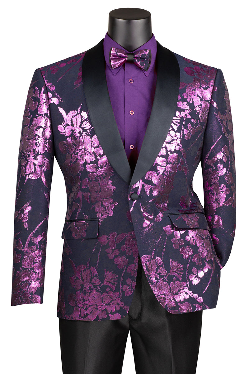 Men’s Shiny Foil Floral Paisley Prom & Wedding Tuxedo Jacket in Purple Lavender