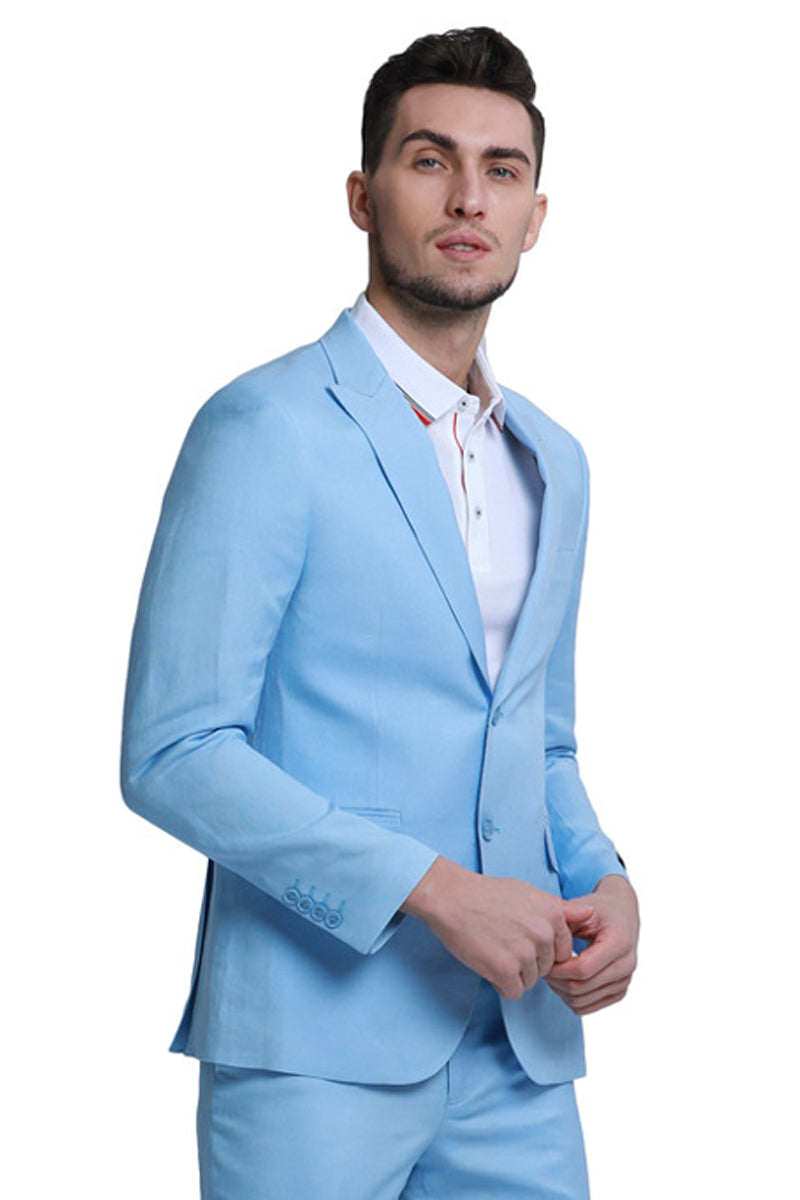 Men’s Two Button Peak Lapel Summer Linen Style Beach Wedding Suit in Baby Blue