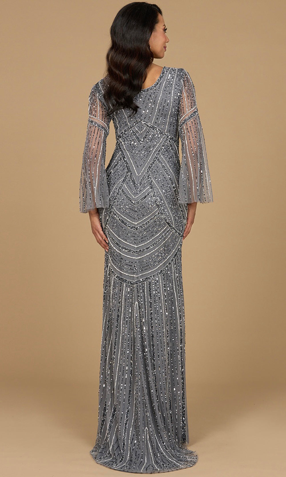 Geometric Beaded Bell Sleeve Formal Dress