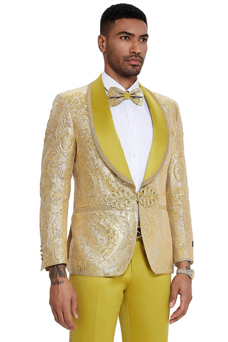 Men’s One Button Shawl Lapel Wedding & Prom Tuxedo in Shiny Gold Paisley