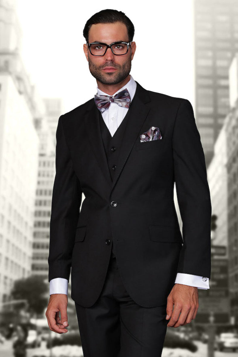 Men’s Designer Vested Modern Fit Wool Wedding & Business Suit in Black