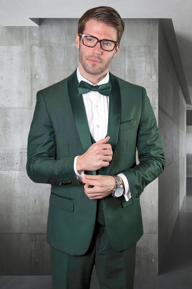 Men’s Designer Wool One Button Shawl Lapel Wedding Tuxedo in Hunter Green