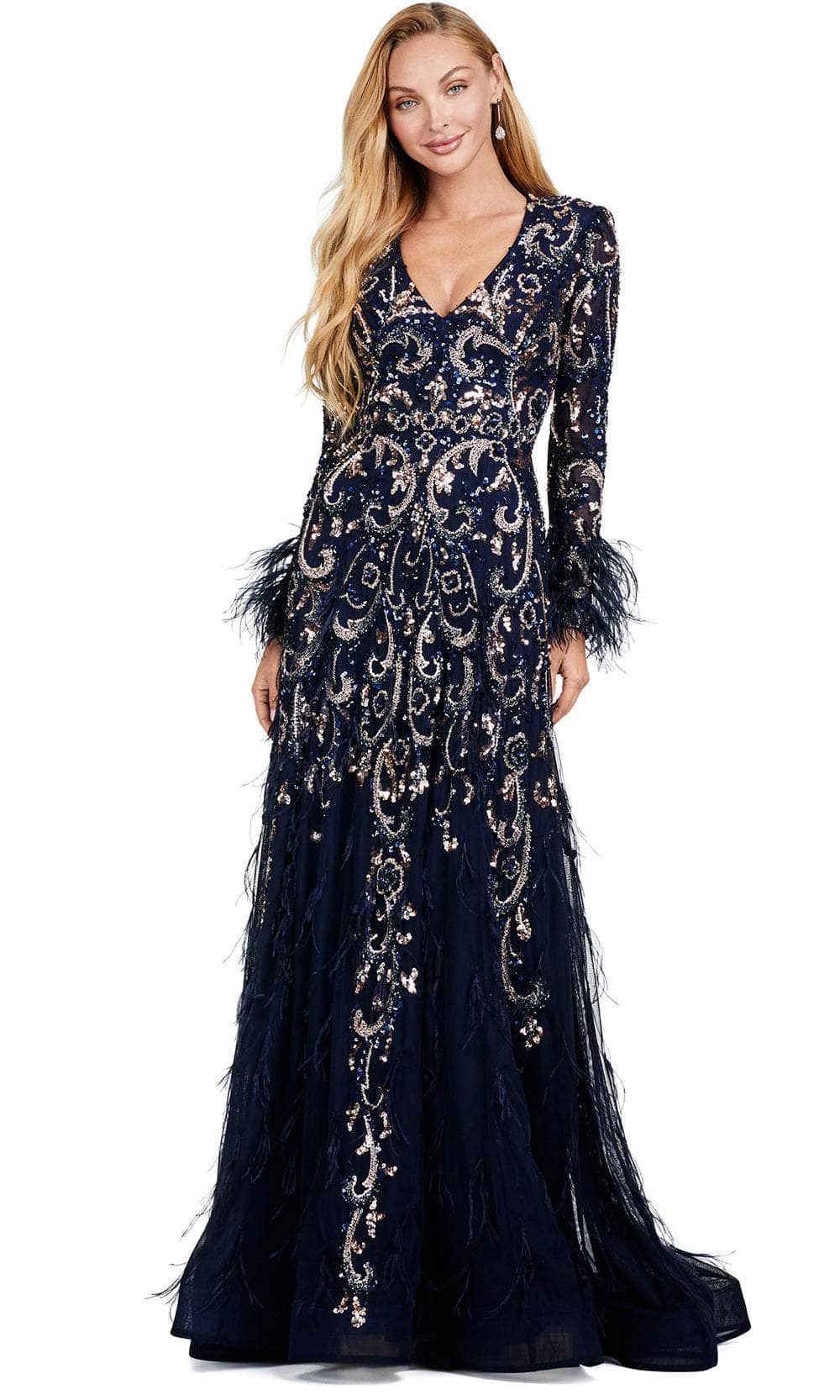 Beaded Long Sleeve Evening Dress