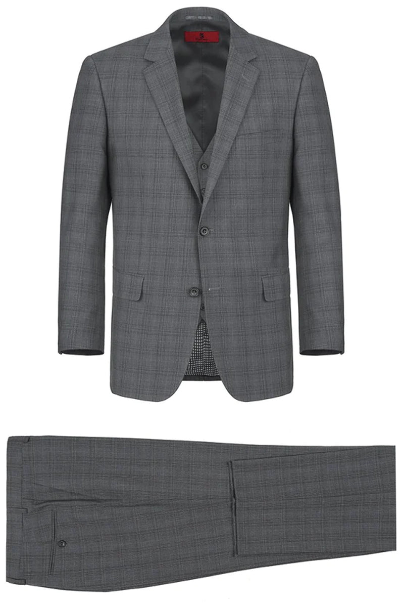 Mens Two Button Classic Fit Vested Suit in Charcoal Grey Windowpane Plaid
