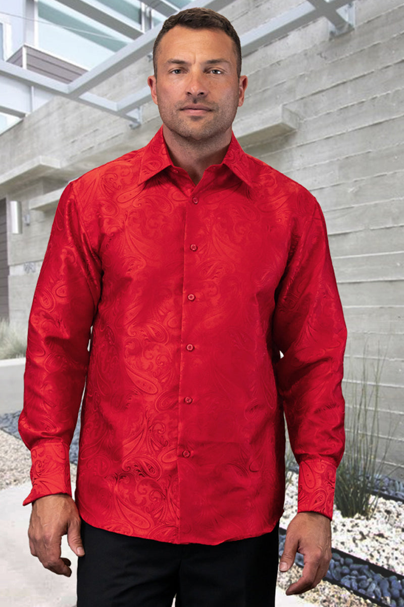 Men’s Fancy Long Sleeve Woven Paisley Dress Shirt in Red
