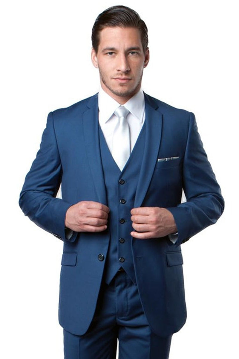 Men’s Two Button Slim Fit Basic Vested Wedding Suit in Indigo Blue