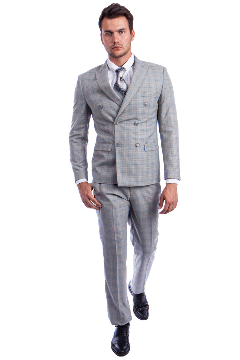 Men’s Slim Fit Double Breasted Glen Plaid Suit in Light Grey