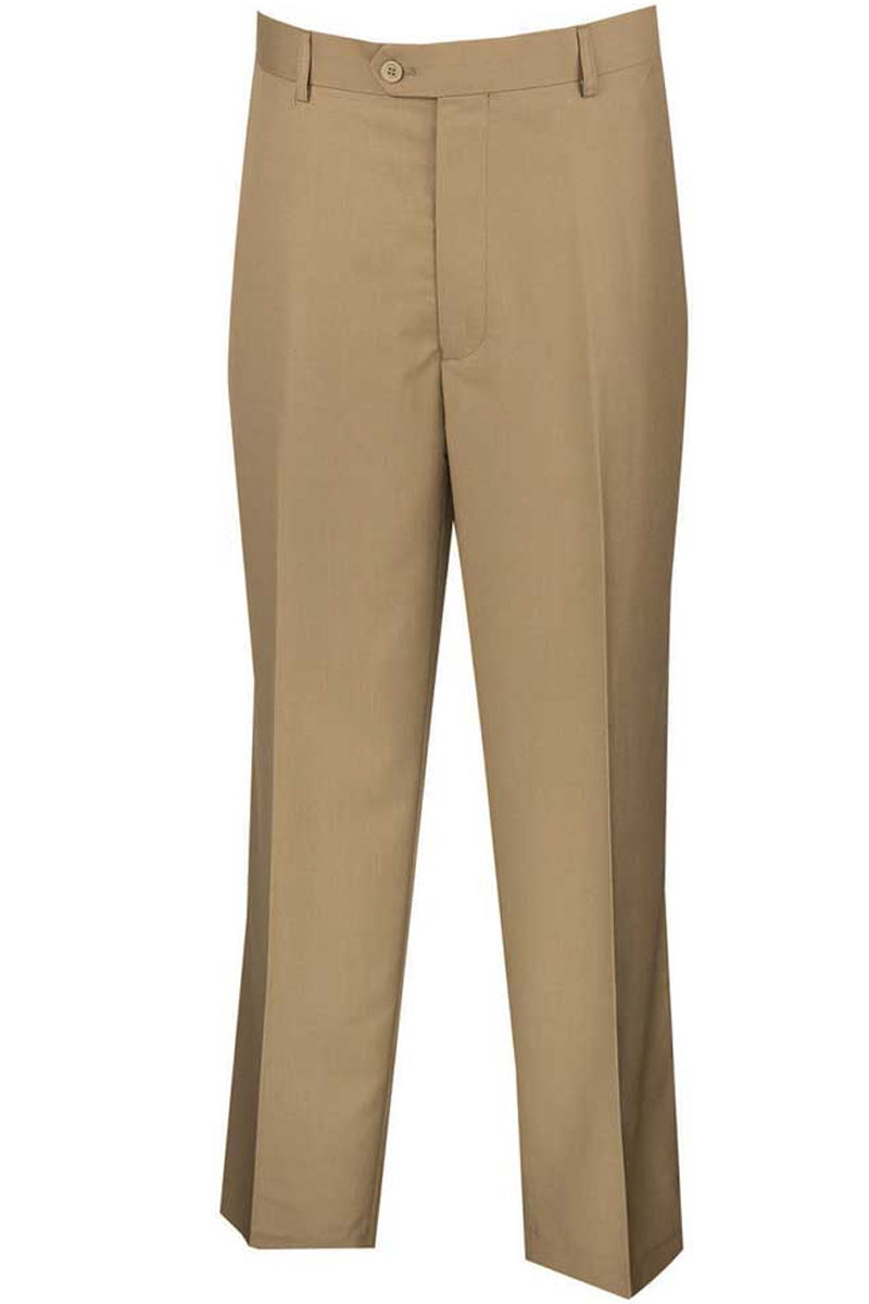 Men’s Regular Fit Wool Feel Flat Front Dress Pants in Khaki