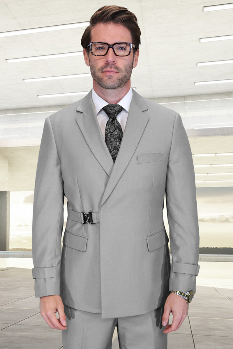 Men’s Designer Double Breasted Wool Suit with Buckle Closure in Light Grey