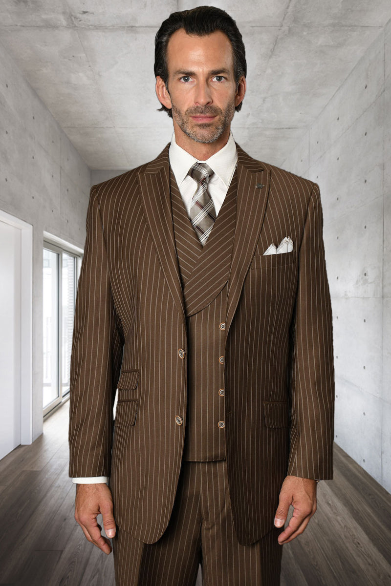 Men’s Designer Wool Pleated Pant Vested Suit in Bold Brown Gangster Pinstripe