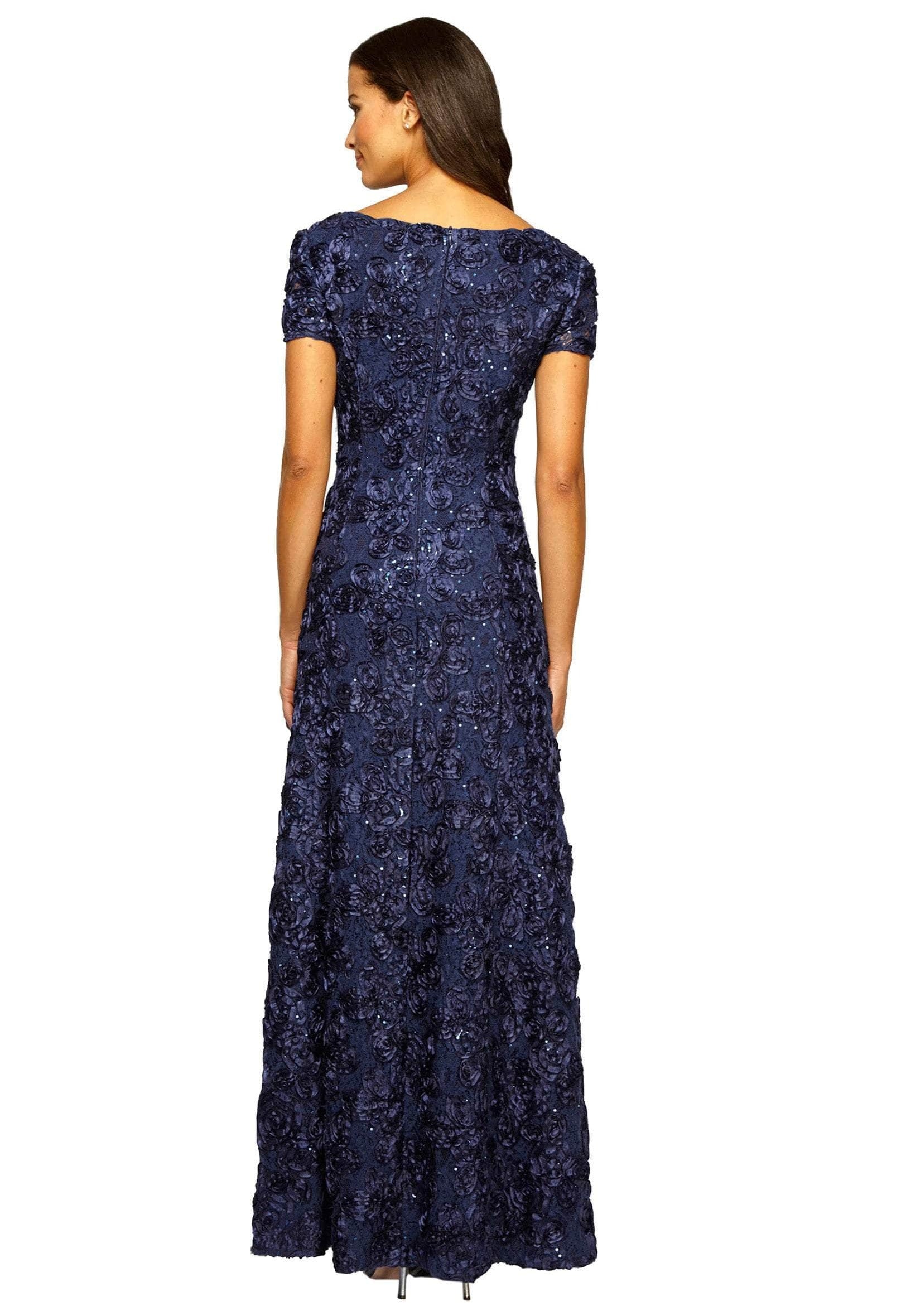 212788 Rosette Lace Sequin Short Sleeve A-Line Gown