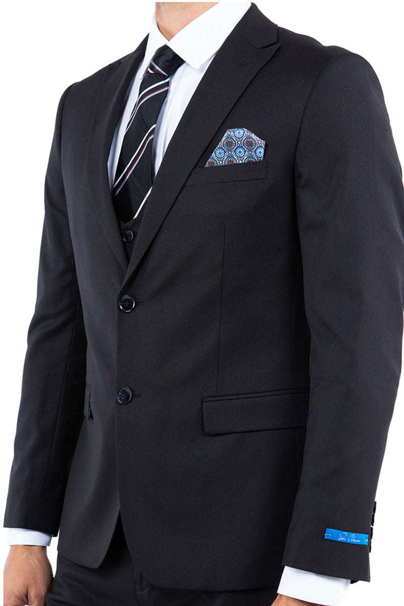 Men’s Two Button Vested Slim Fit Peak Lapel Suit in Black Nailhead