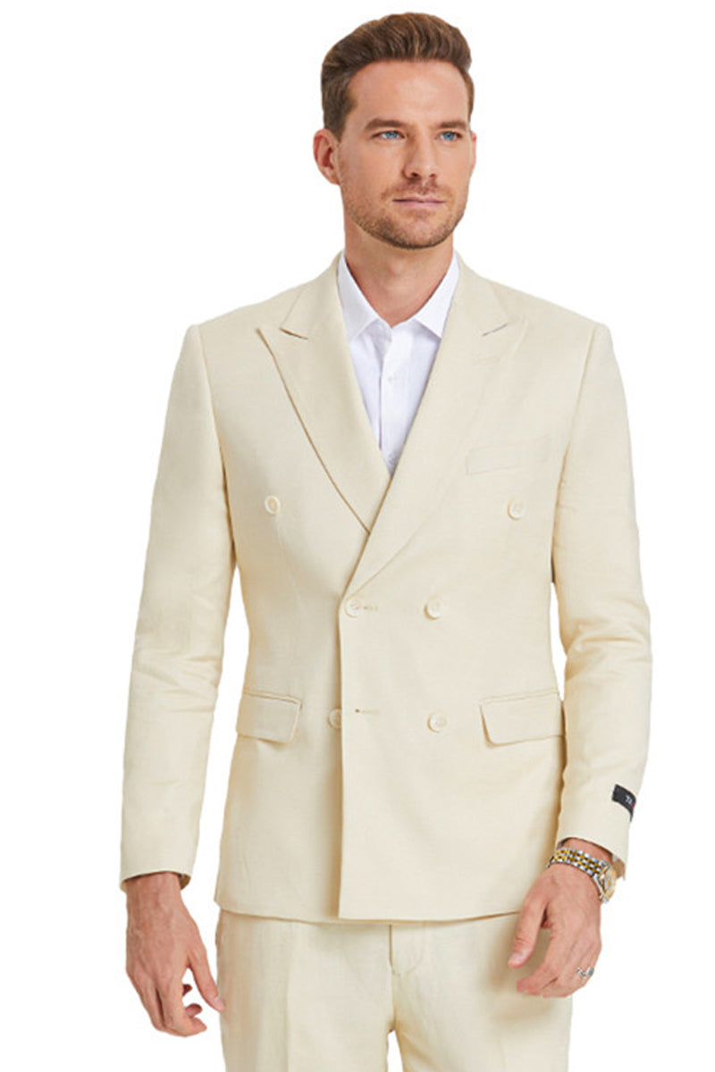 Men’s Slim Fit Double Breasted Summer Wedding Suit in Tan