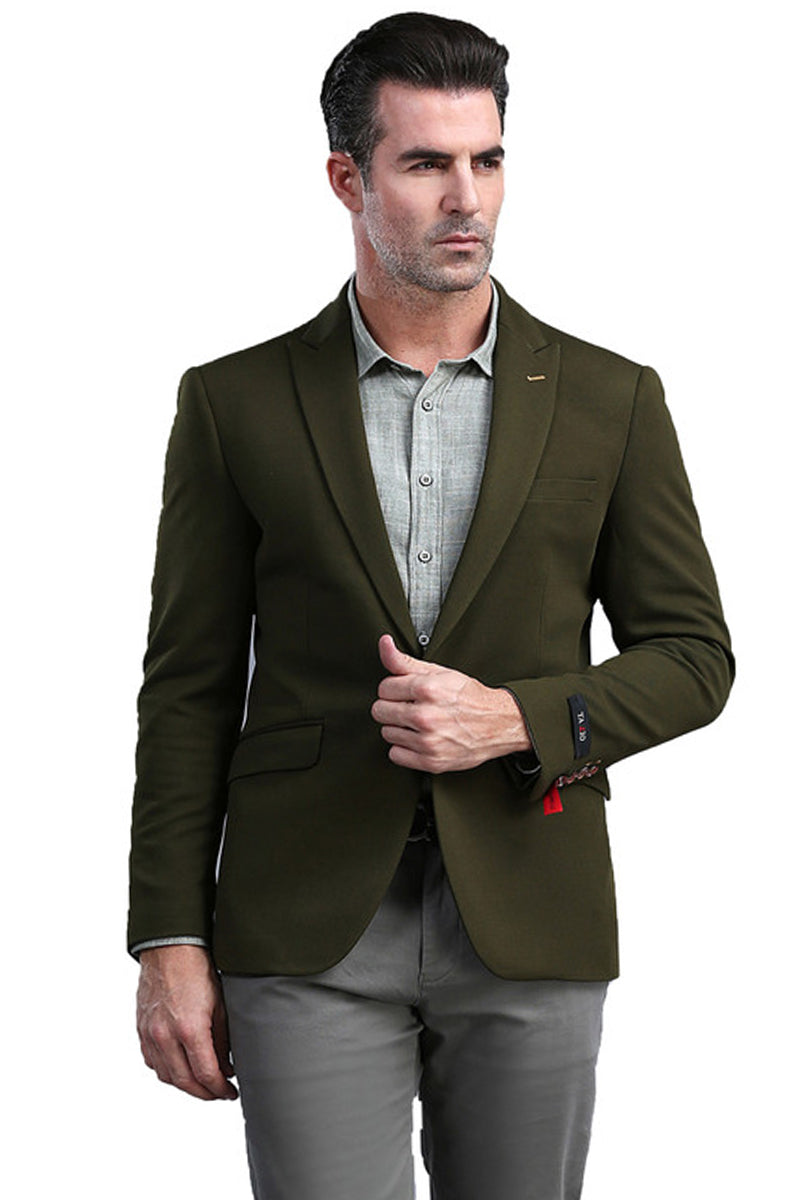 Men’s One Button Peak Lapel Skinny Fit Blazer in Olive Green
