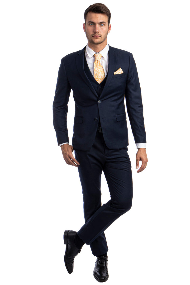 Men’s Two Button Slim Fit Vested Solid Basic Color Suit in Navy Blue