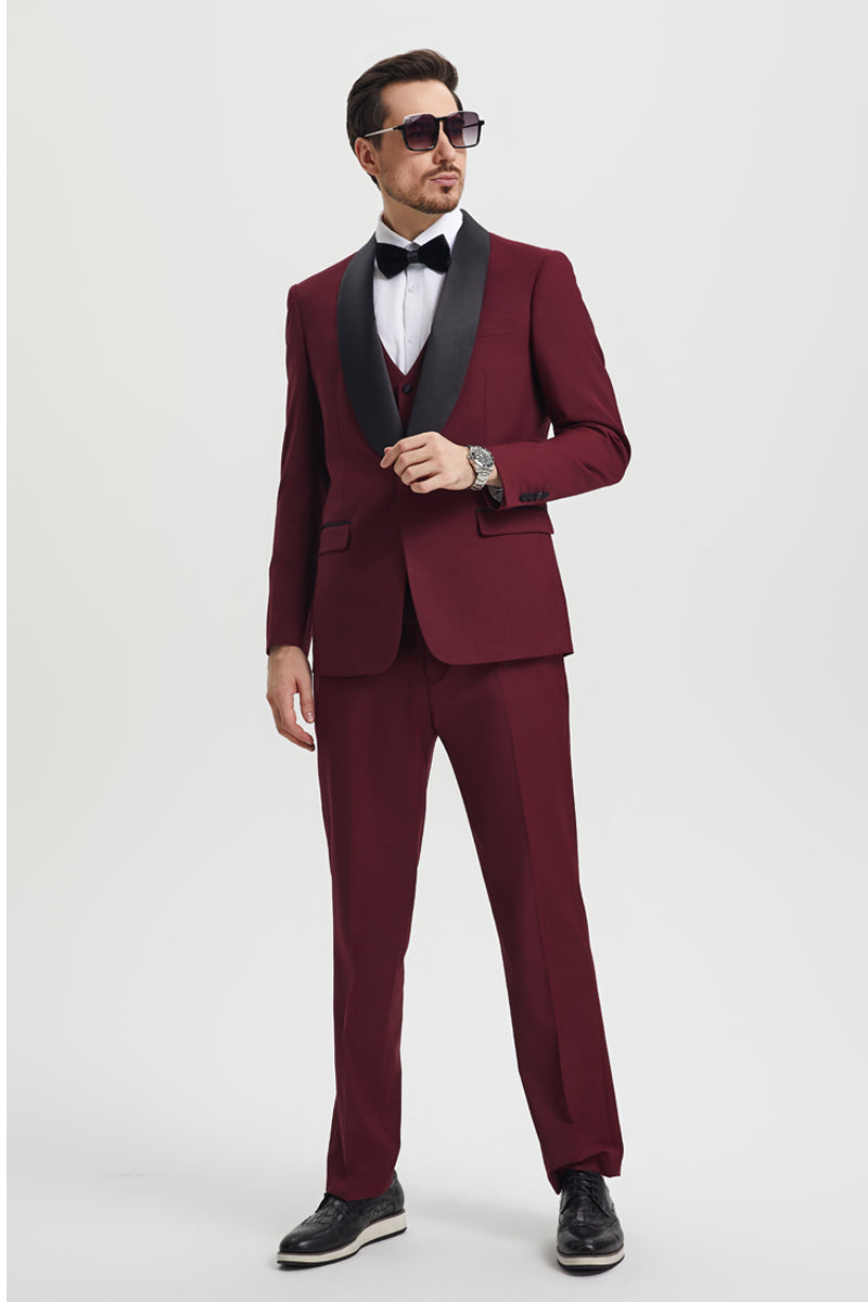 Men’s Stacy Adams Vested One Button Shawl Lapel Designer Tuxedo in Burgundy