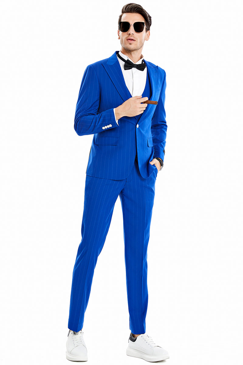 Men’s One Button Vested Wide Peak Lapel Bold Gangster Pinstripe Suit in Royal Blue