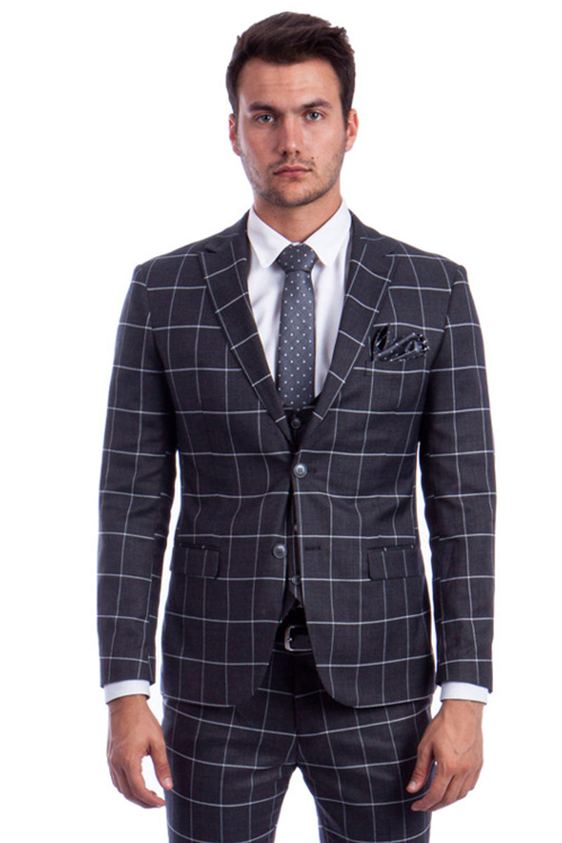 Men’s Two Button Vested Slim Fit Suit in Bold Grey & White Windowpane Plaid
