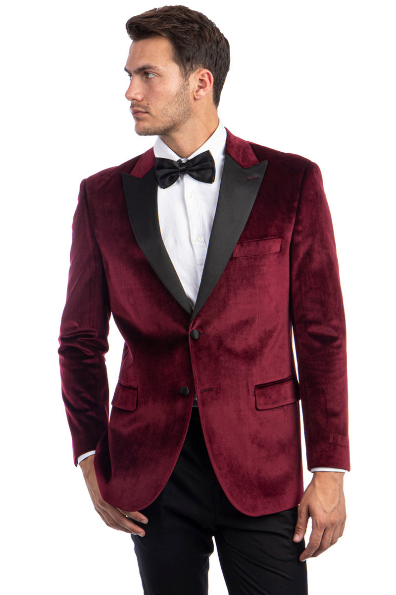 Men’s Two Button Peak Lapel Velvet Wedding & Prom Tuxedo Jacket in Burgundy