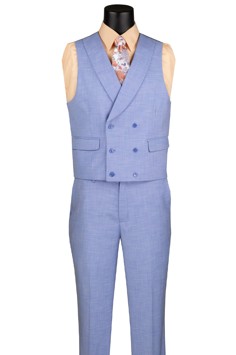 Men’s Summer Sharkskin Suit with Double Breasted Vest in Light Blue