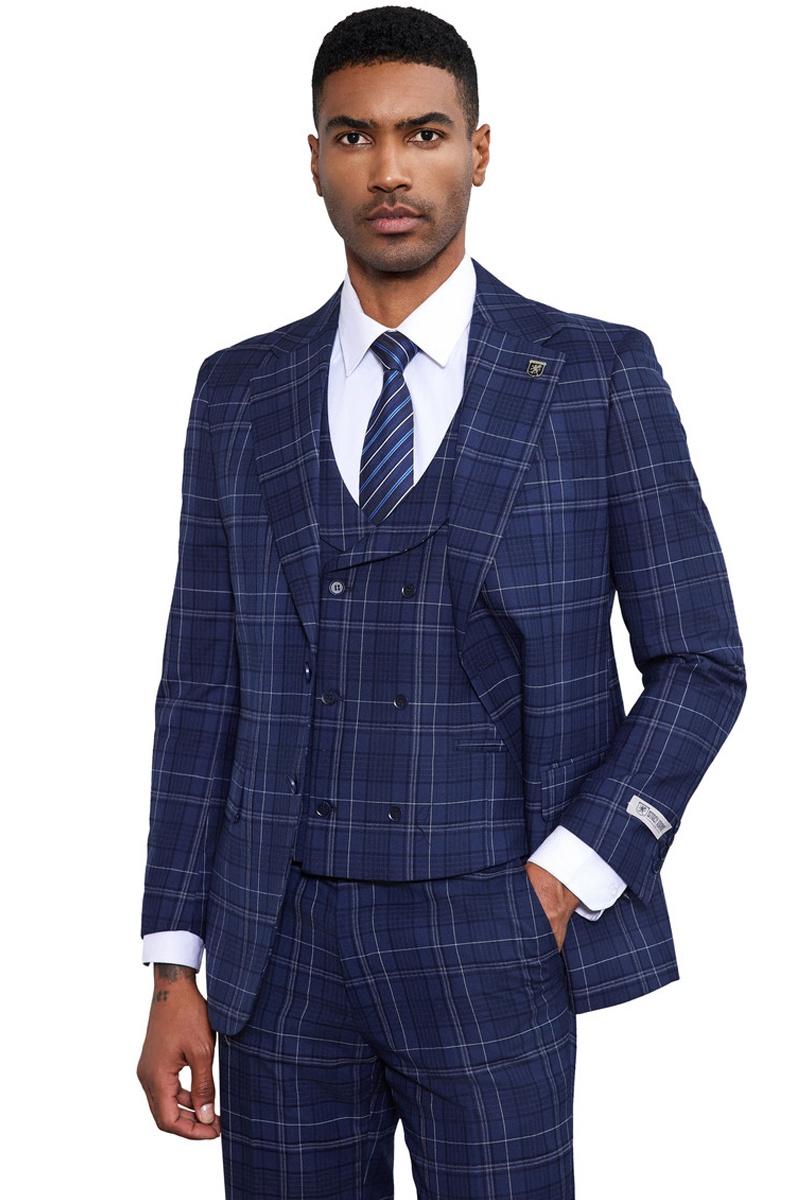 Men’s Stacy Adams Vested Two Button Double Windowpane Plaid Suit in Navy