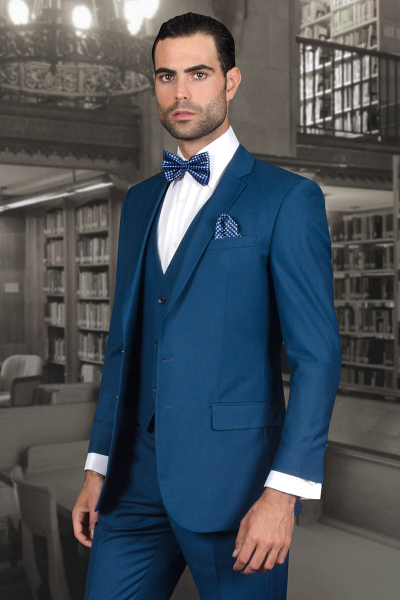 Men’s Designer Slim Fit Vested Wool Wedding Suit in Blue